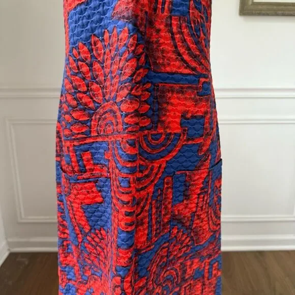 Vintage McInerny Hawaii 100% Cotton Tiki Print A-line Sleeveless Midi Dress Pock - Picture 6 of 11